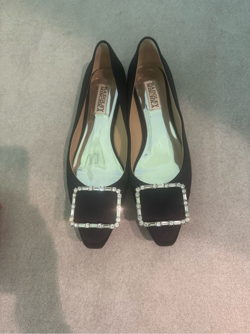 Badgley Mischka Black Satin Flats with Crystal Buckle